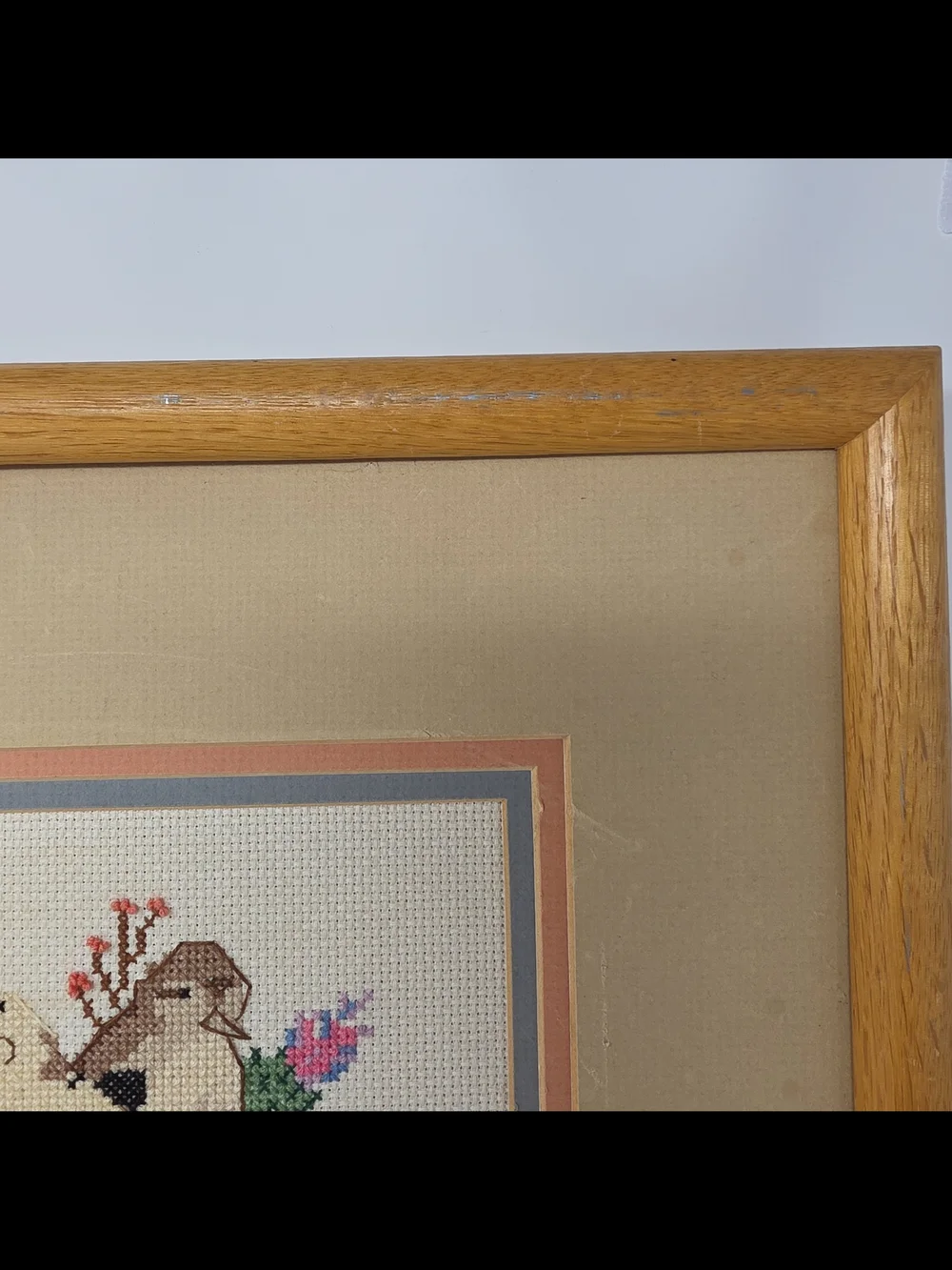 Framed Four-Panel Bird Cross-Stitch Wall Art in Blue, Pink & Green